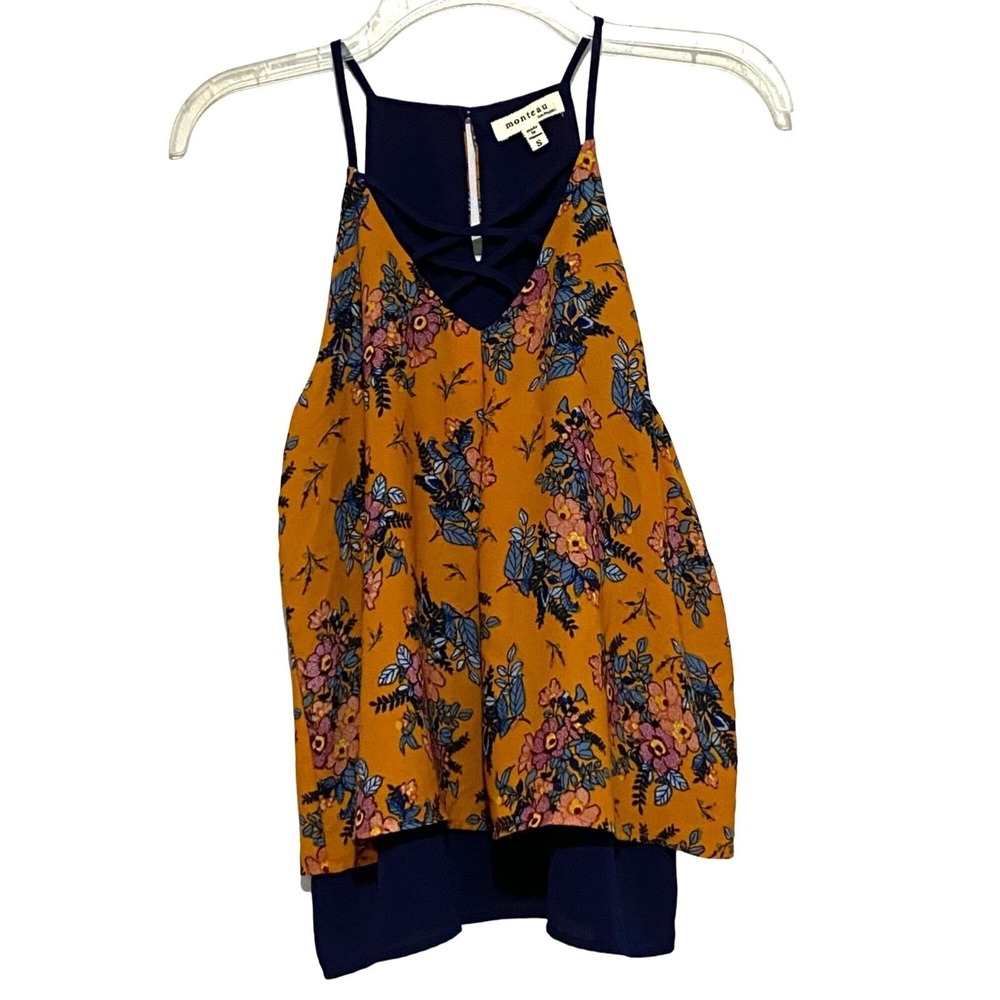 Floral Layered Camisole Top S Orange Navy Boho Chic Retro Vacation Resort Cruise